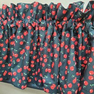 Handmade Retro Cherries on Black Window Curtain 68" Wide Cherry Curtain